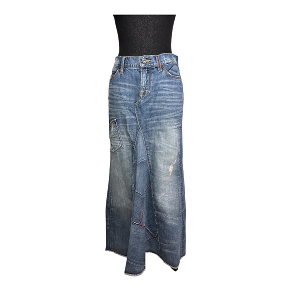 Lucky Brand Dresses & Skirts - Lucky Brand Lucky Legend Patchwork Denim Maxi Skirt Peace Sign Boho Y2K Size 4
